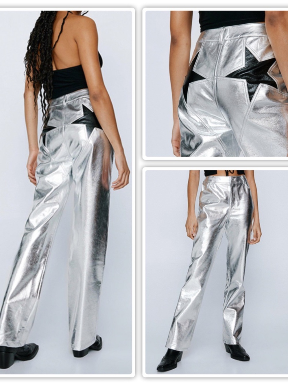 Nasty Gal Metallic Silver Faux Leather Black Star Bum Pocket Pants Trouser 4 NEW